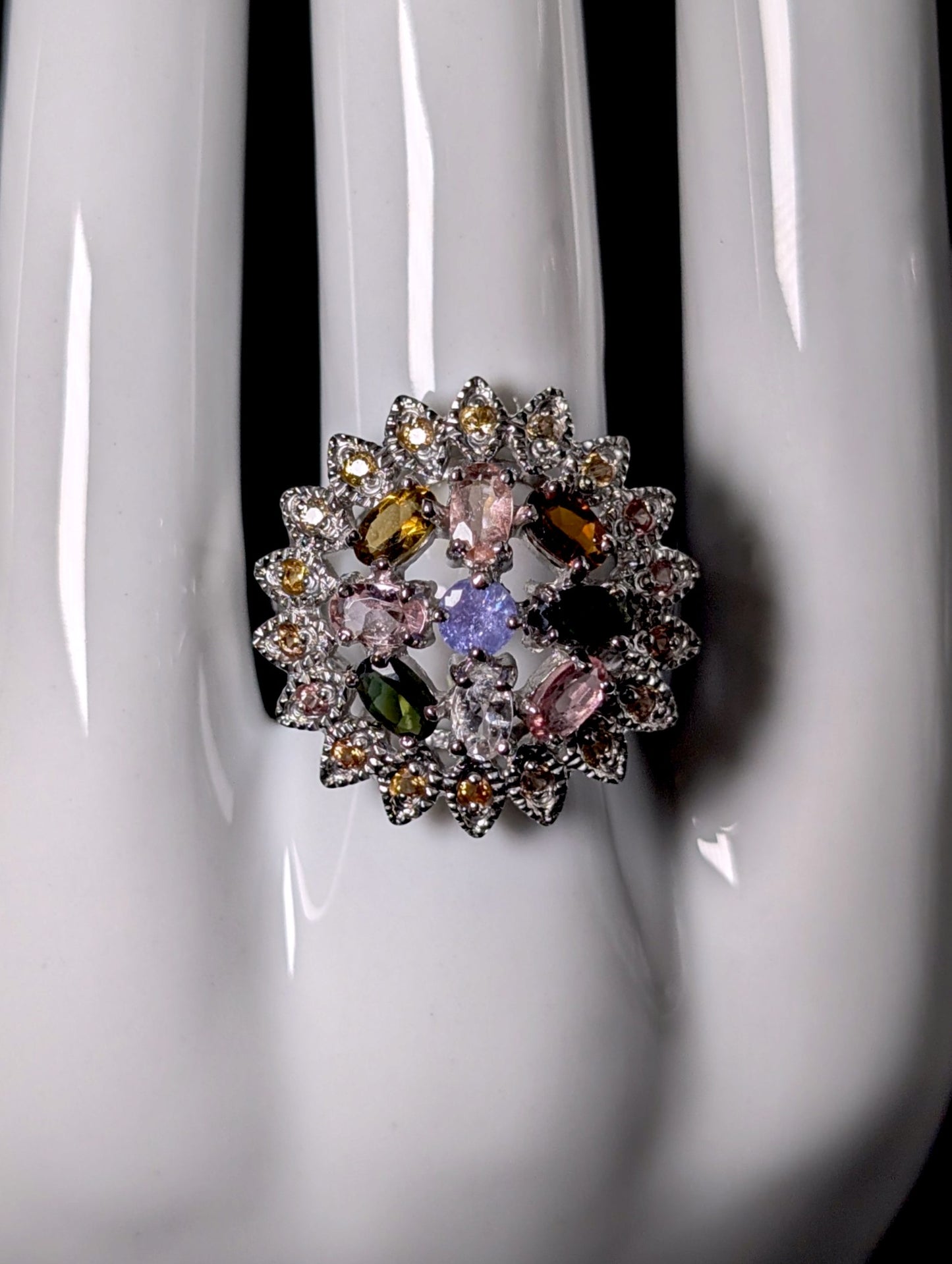 Vintage Genuine Tourmaline, Sapphire and Tanzanite Cluster Sterling Cocktail Ring
