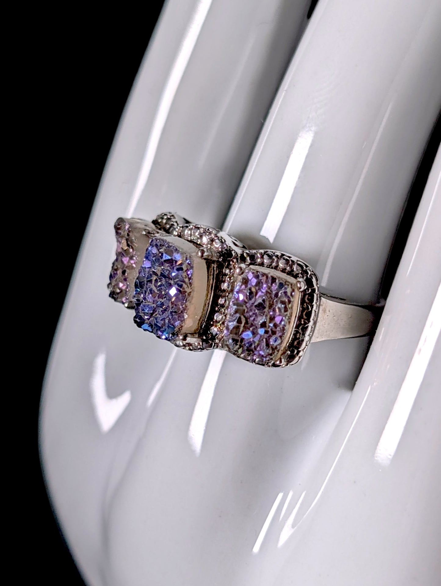 Vintage 3 Stone Genuine Druzy Quartz Sterling Silver Band Ring