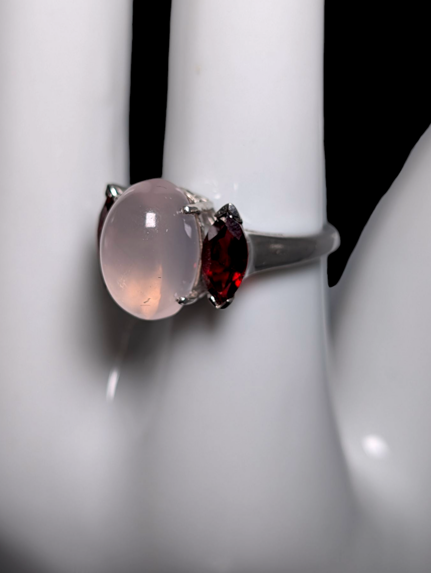 Vintage Cabochon Genuine Rose Quartz and Garnet Marquise Accent Stones Sterling Silver Ring