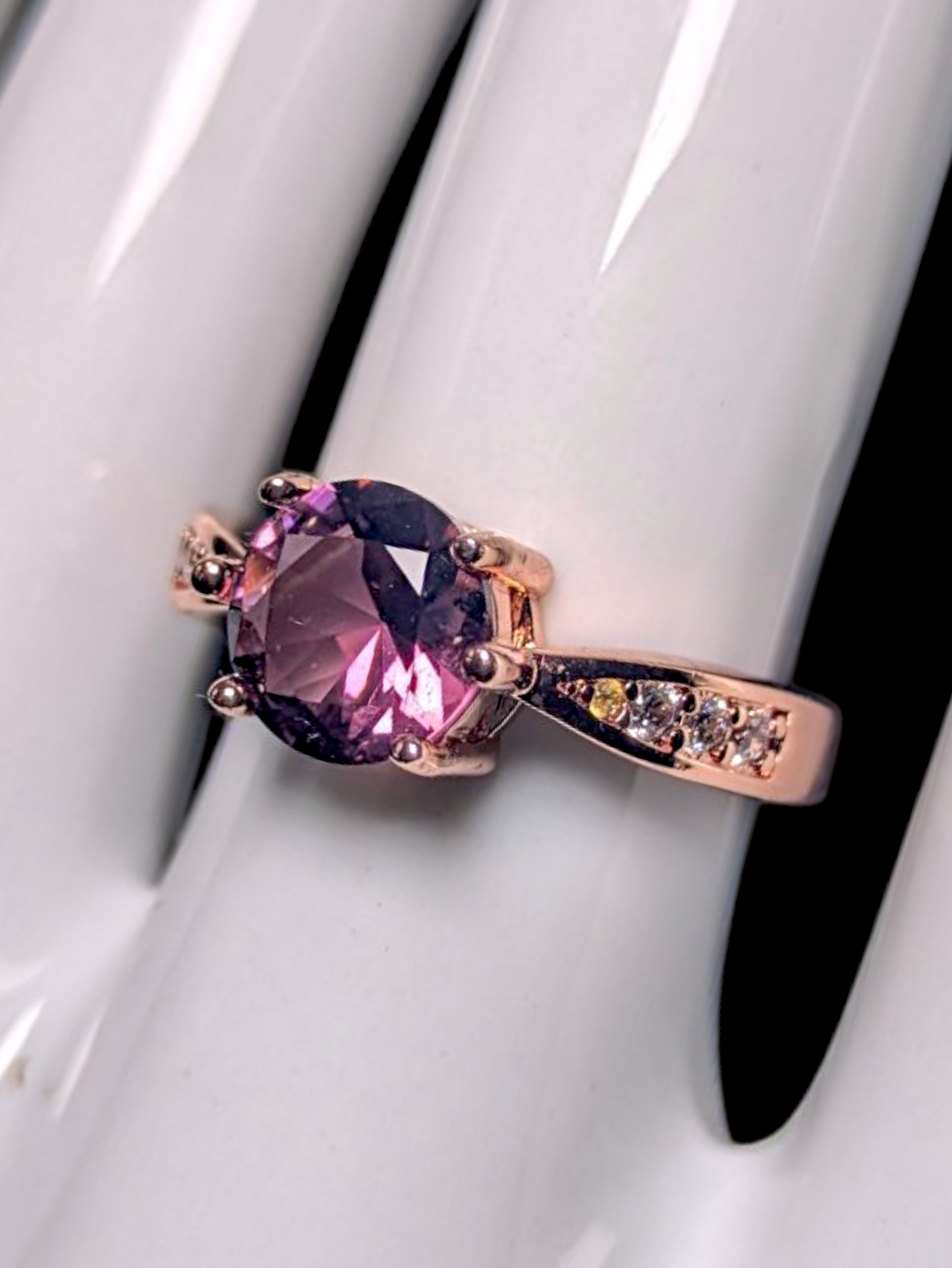 Vintage Inspired Round Cut Simulated Amethyst Solitaire with Simulated Diamond Accents Rose Gold Toned Ring
