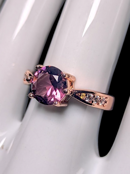 Vintage Inspired Round Cut Simulated Amethyst Solitaire with Simulated Diamond Accents Rose Gold Toned Ring