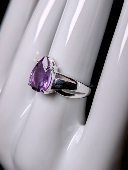Vintage Pear Cut Genuine Amethyst Solitaire Crossover Sterling Silver Ring
