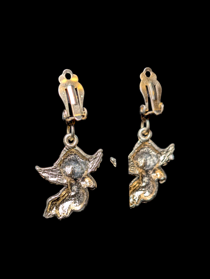 Vintage Red and Green Enamel Gold Toned Christmas Angel Earrings