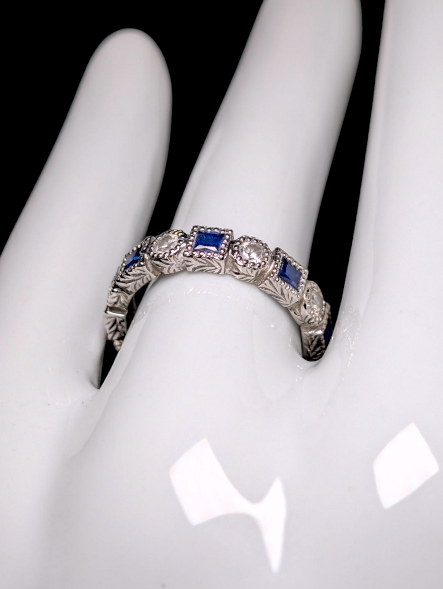 Vintage Alternating Genuine Blue Sapphire and Simulated Diamond Sterling Silver Band Ring