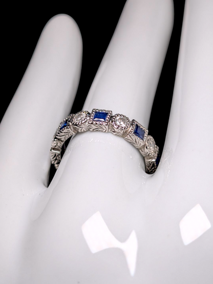 Vintage Alternating Genuine Blue Sapphire and Simulated Diamond Sterling Silver Band Ring
