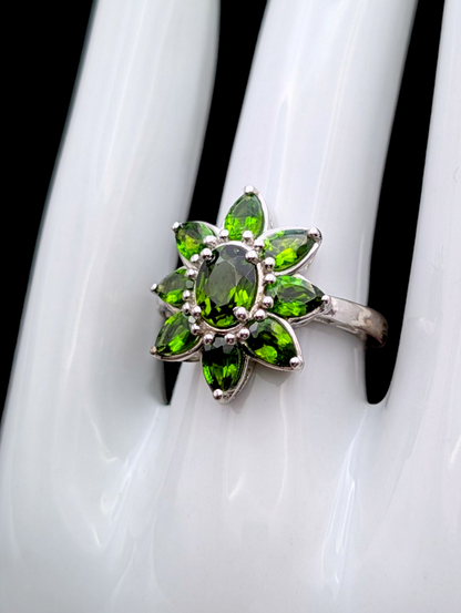 Vintage Flower Starburst Cluster Earth Mined Genuine Chrome Diopside Sterling Silver Ring