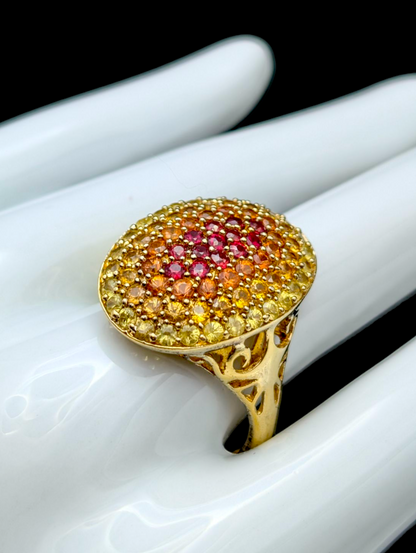 Vintage Inspired 18k Gold Vermeil Ombre Genuine Fancy Sapphire and Ruby Cluster Sterling Silver Ring