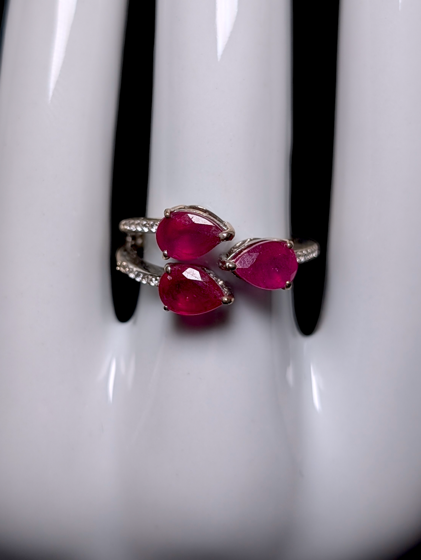 Vintage 3 Stone Pear Cut Genuine Ruby and White Zircon Sterling Silver Adjustable Ring