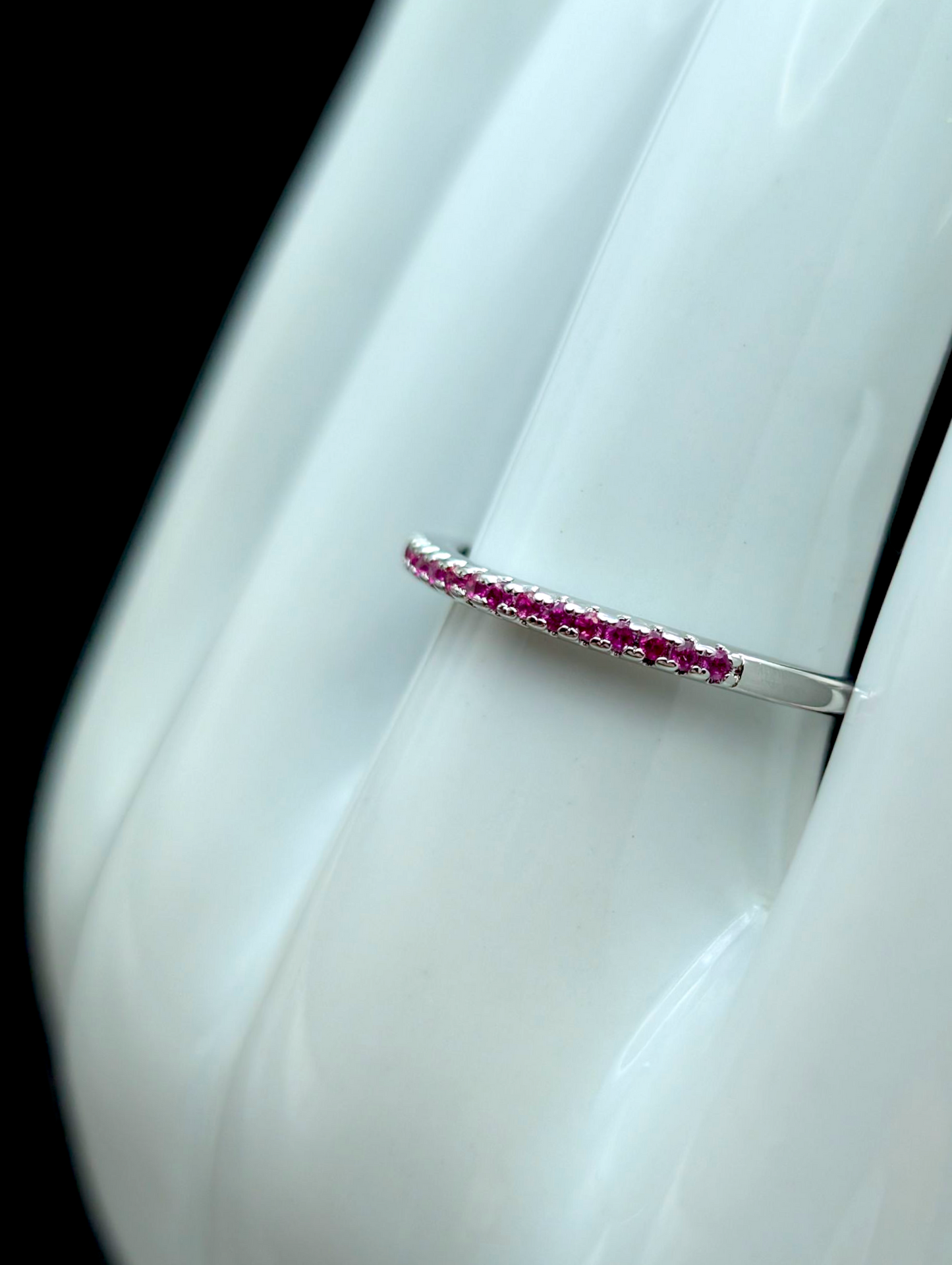 Vintage Inspired Genuine Ruby Dainty Half Eternity Silver Toned Stacking Ring Band