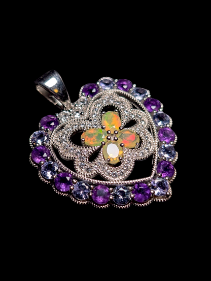 Vintage Butterfly and Heart Genuine Ethiopian Opal, Amethyst, Tanzanite and White Topaz Halo Sterling Silver Pendant