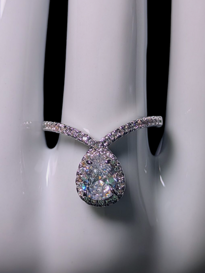 Vintage Inspired Pear Drop Cut Simulated Diamond Solitaire with Simulated Diamond Halo Silver Toned Ring