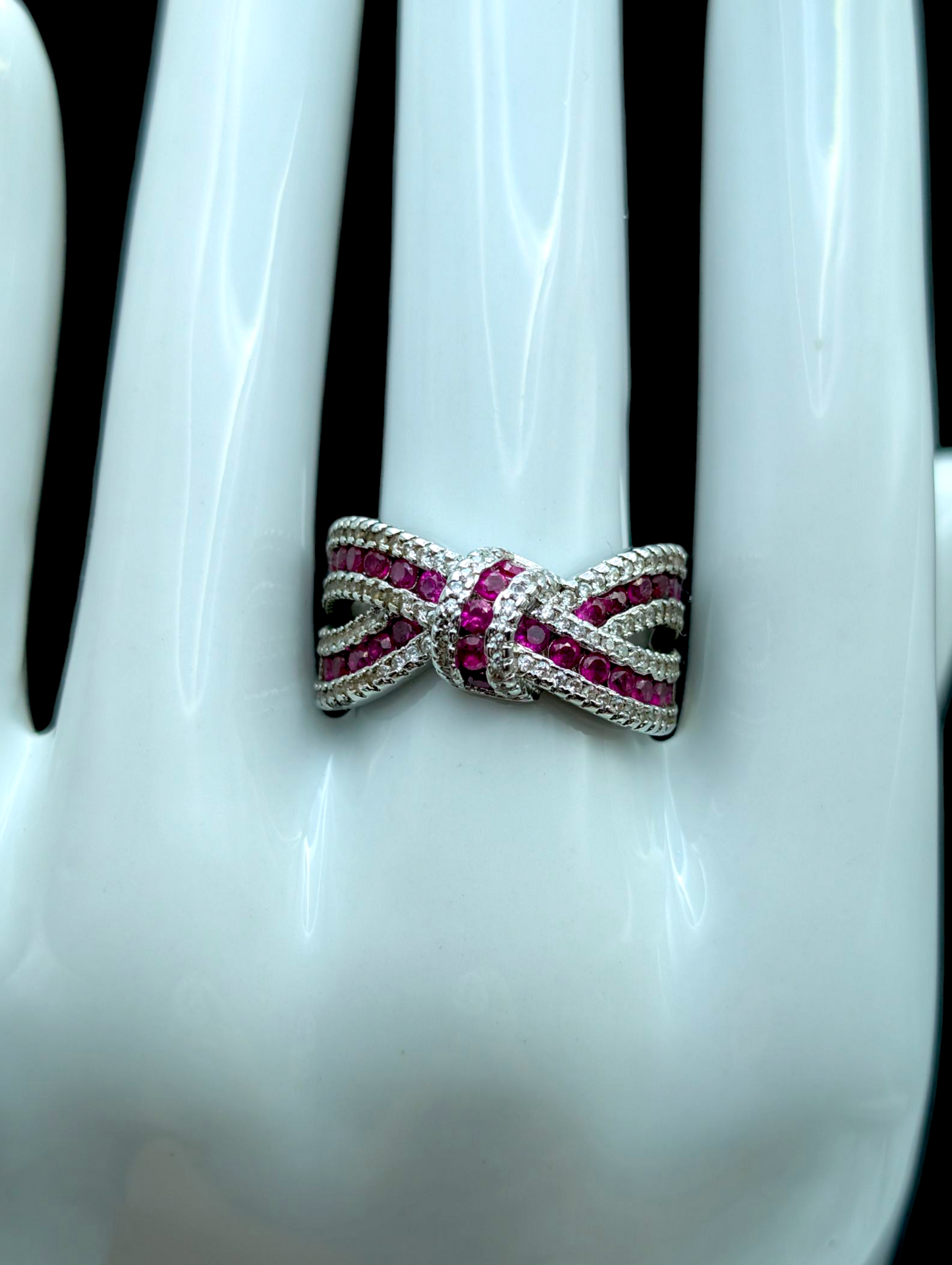 Vintage Cross Over Knot Infinity Genuine Ruby and Simulated Diamond Silver Toned Band Ring