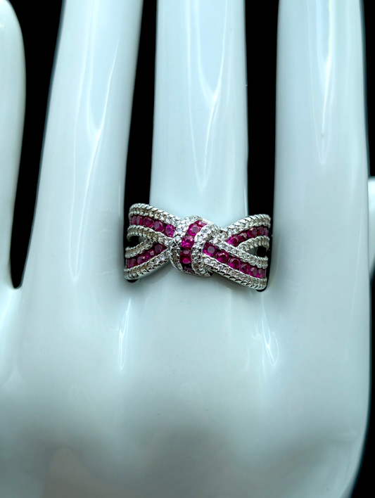 Vintage Cross Over Knot Infinity Genuine Ruby and Simulated Diamond Silver Toned Band Ring