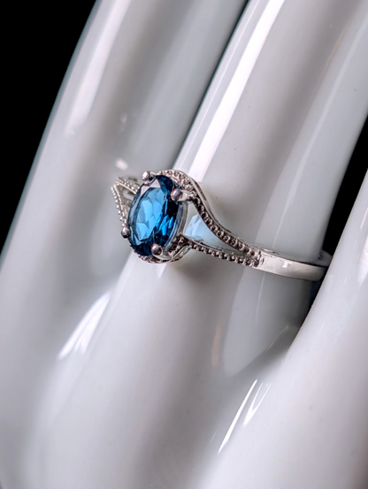 Vintage Crossover Oval Cut Solitaire Genuine London Blue Topaz Sterling Silver Ring