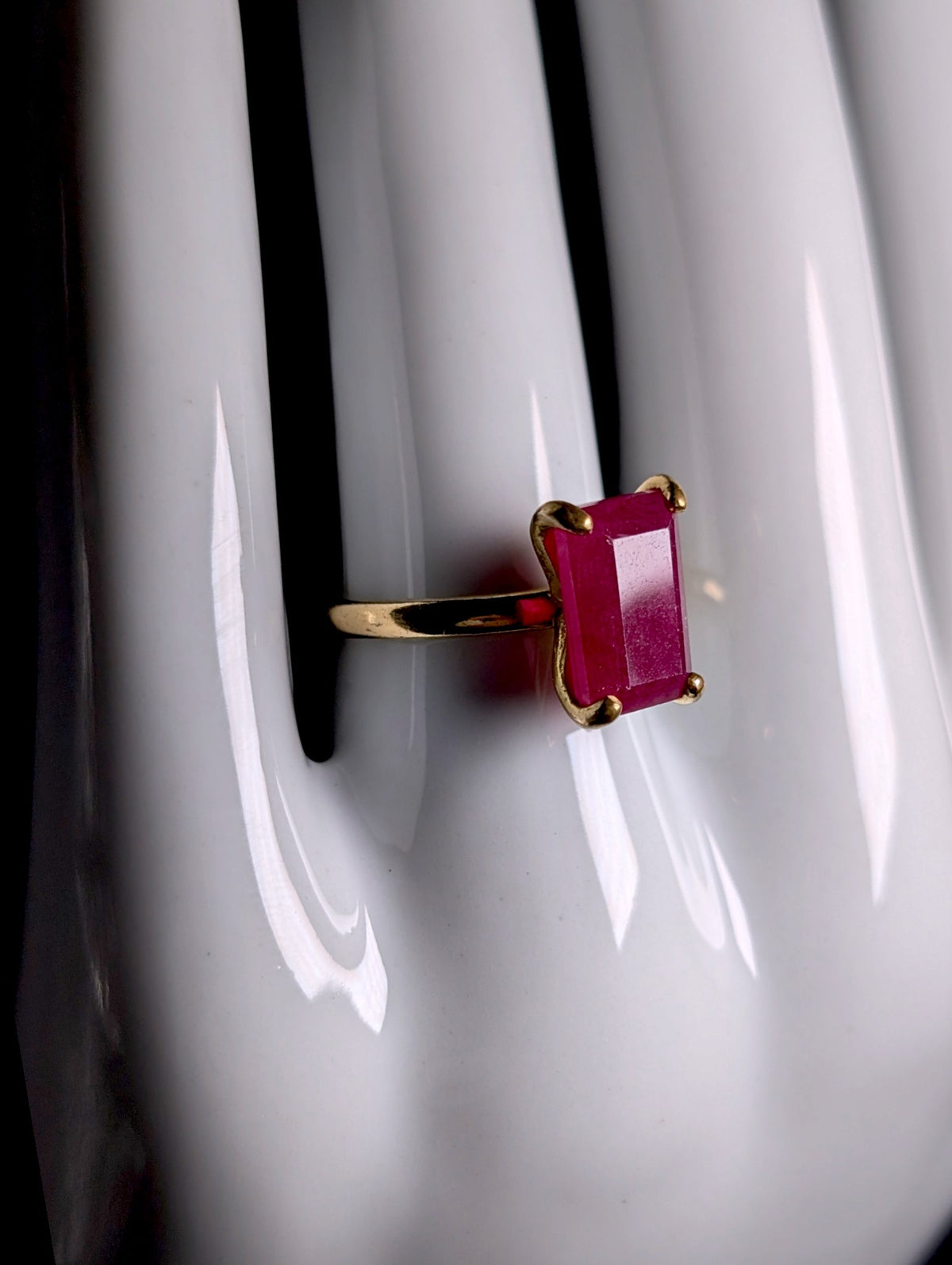 Vintage Emerald Cut Genuine Red Gemstone Solitaire Prong Set 10k Yellow Gold Ring