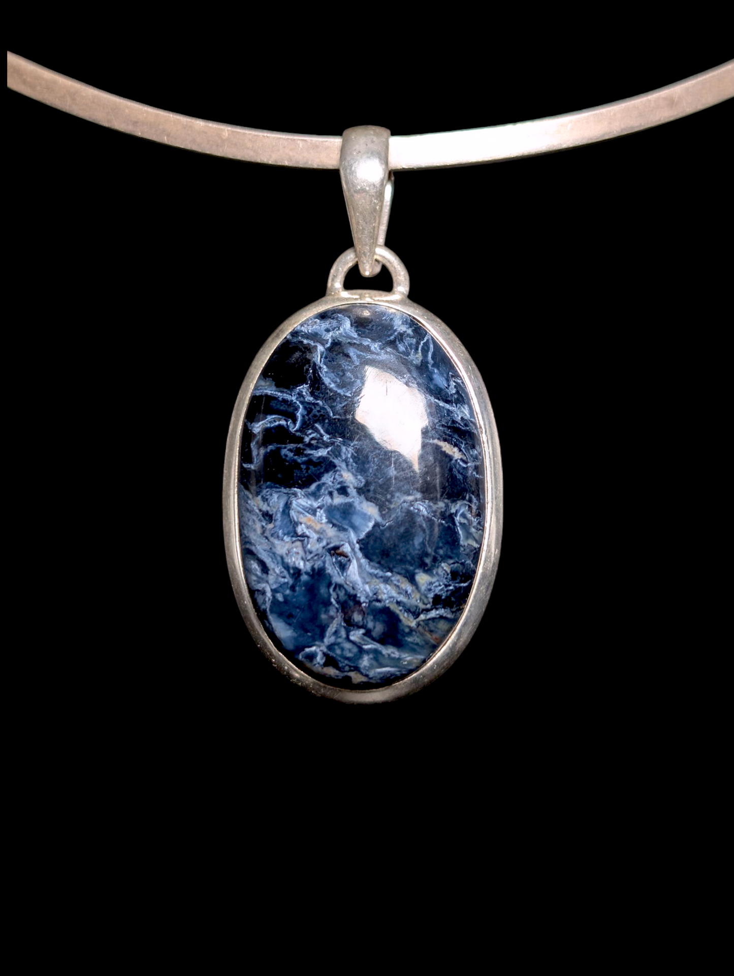Vintage Oval Cut Cabochon Genuine Pietersite Sterling Silver Bezel Set Pendant
