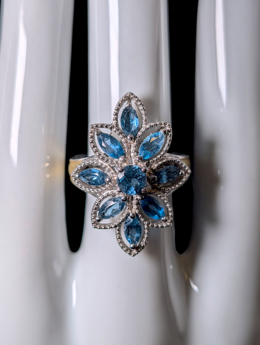 Vintage Cluster Starburst Marquise Cut Genuine London Blue Topaz Sterling Silver and 14k Gold Ring