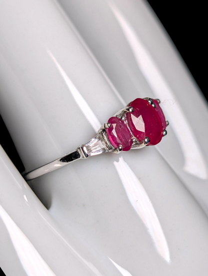 Vintage Three Stone Oval Cut Earth Mined Genuine Ruby, Pink Sapphire and White Topaz Tapered Baguette Accent Stones Sterling Silver Ring