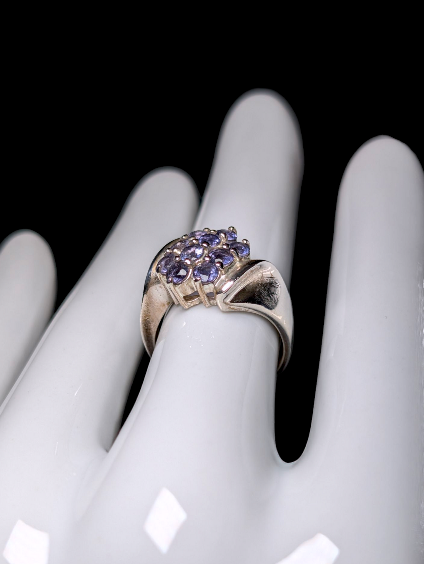 Vintage Earth Mined Genuine Tanzanite Cluster Sterling Silver Ring