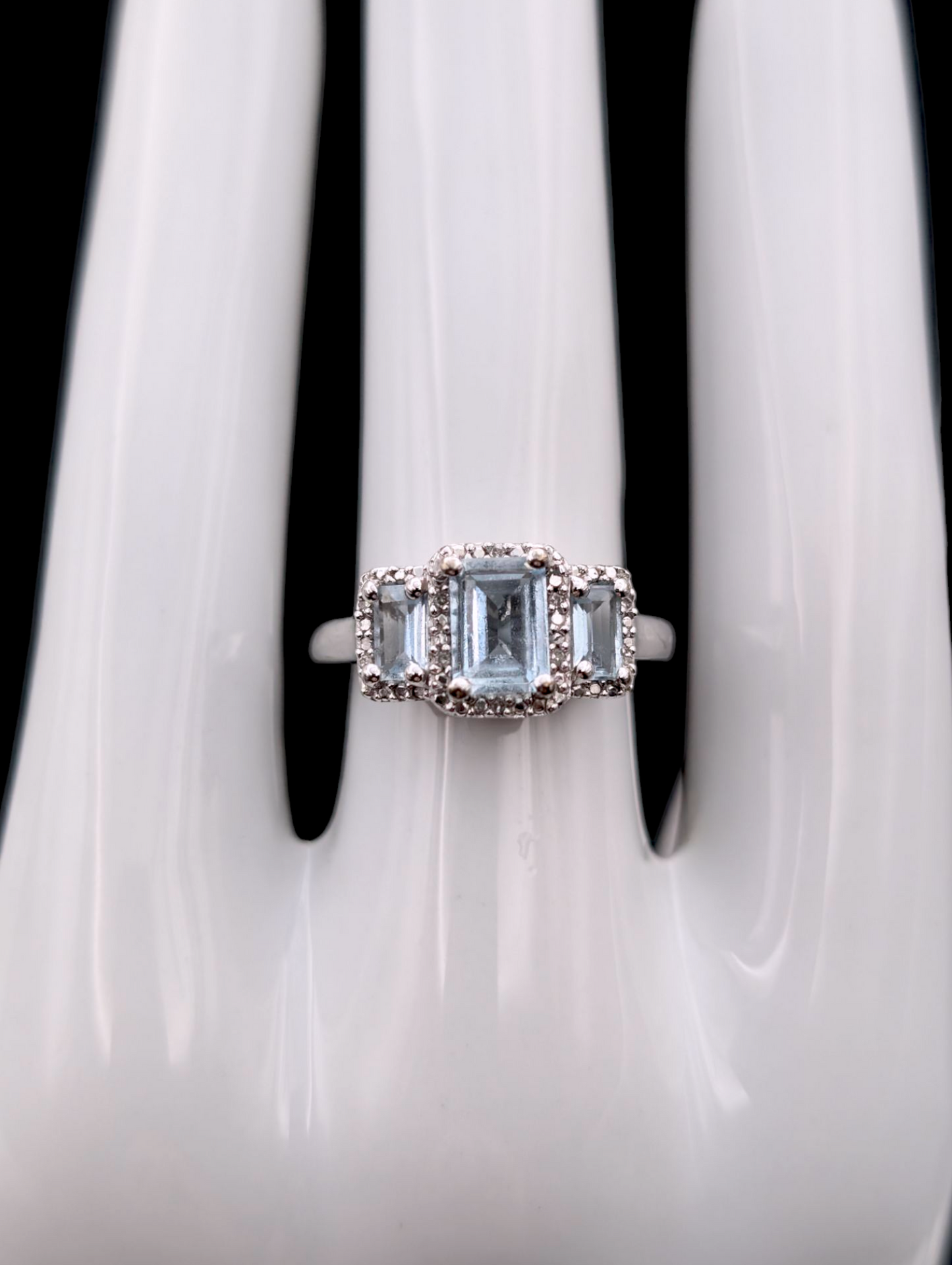 Vintage Emerald Cut Three Stone Genuine Aquamarine and Diamond Accented Halo Sterling Silver Ring