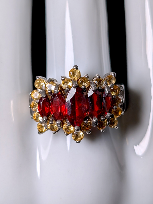 Vintage Marquise Cut Genuine Red Garnet and Citrine Starburst Halo Sterling Silver Cocktail Statement Ring
