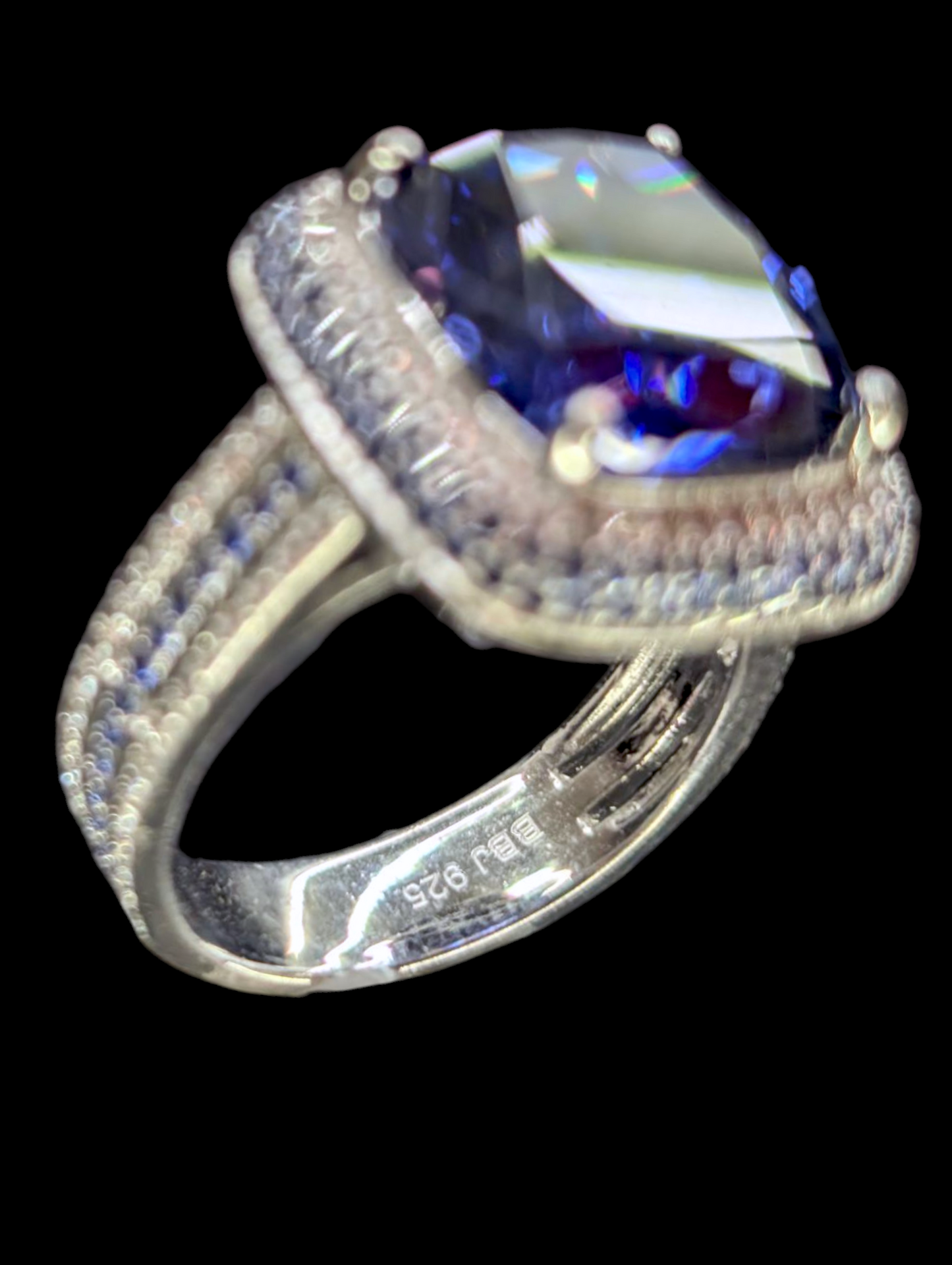 Vintage Large 6.8 Carat Triple Halo Genuine Tanzanite Solitaire and Simulated Diamonds Rhodium over Sterling Silver Split Shank Ring