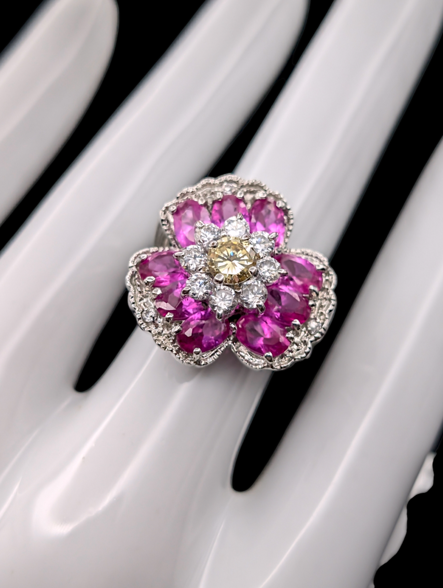 Vintage Pink Sapphire and Simulated Diamond 18k White Gold HGE Sterling Silver Ring