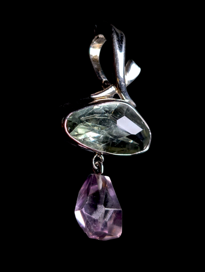 Vintage Large Genuine Green and Purple Amethyst Briolette Sterling Silver Pendant
