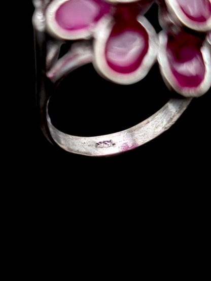 Vintage 11 Carat Bezel Set Earth Mined Genuine Ruby Cluster Ballerina 18k White Gold Plated Statement Ring