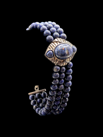 Vintage Genuine Lapis Lazuli Egyptian Inspired Sterling Silver Multi Strand Bracelet