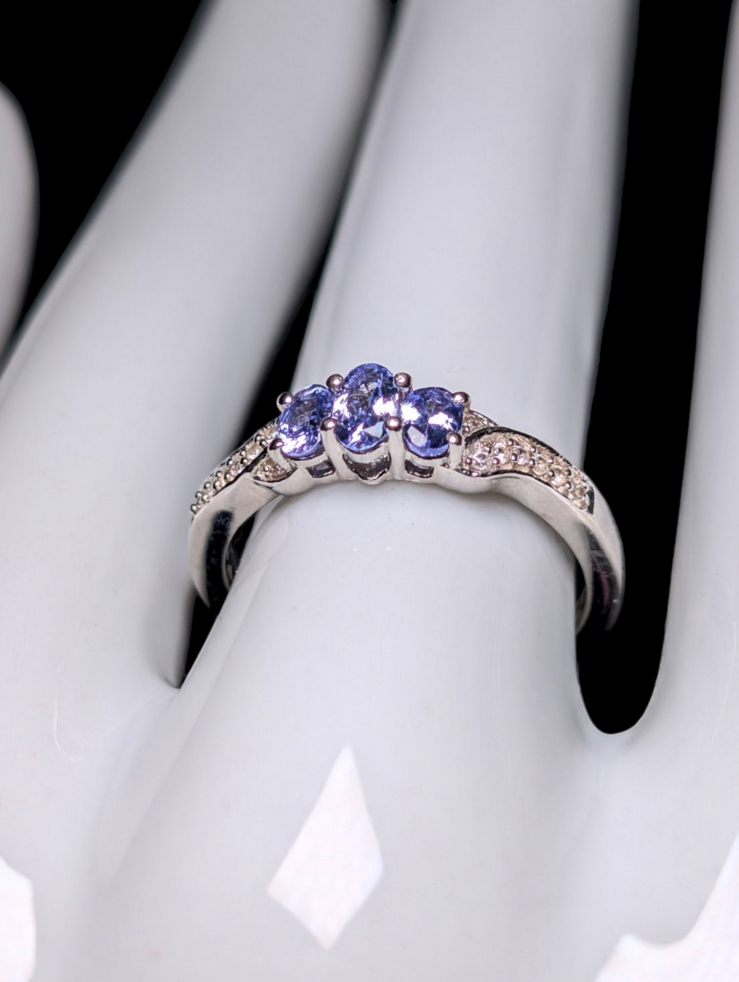 Vintage Dainty Three Stone Earth Mined Genuine Tanzanite and White Topaz Sterling Silver Ring