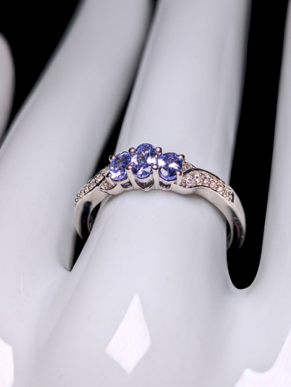 Vintage Dainty Three Stone Earth Mined Genuine Tanzanite and White Topaz Sterling Silver Ring