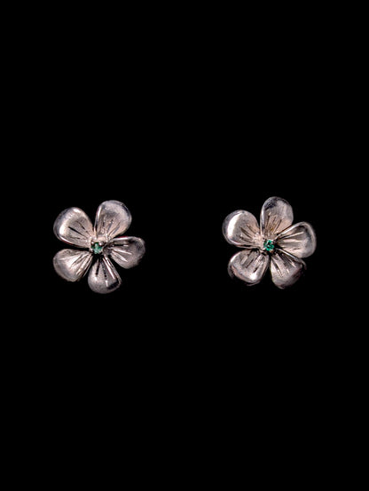 Vintage Simulated Emerald Flower Sterling Silver Earrings