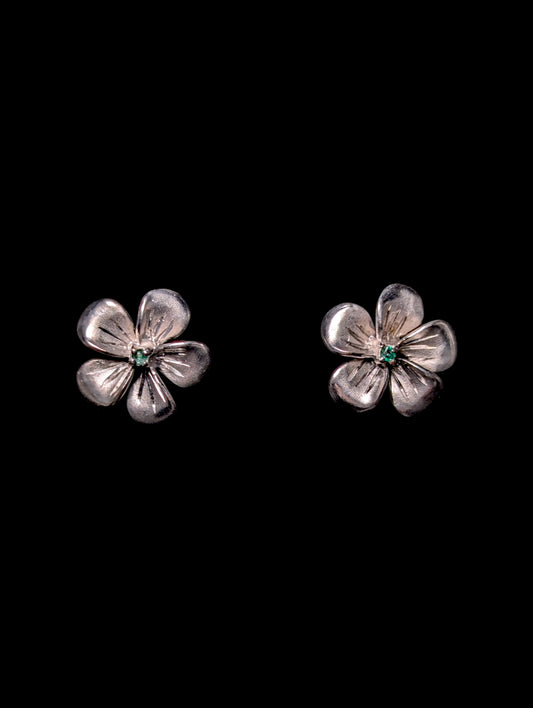 Vintage Simulated Emerald Flower Sterling Silver Earrings