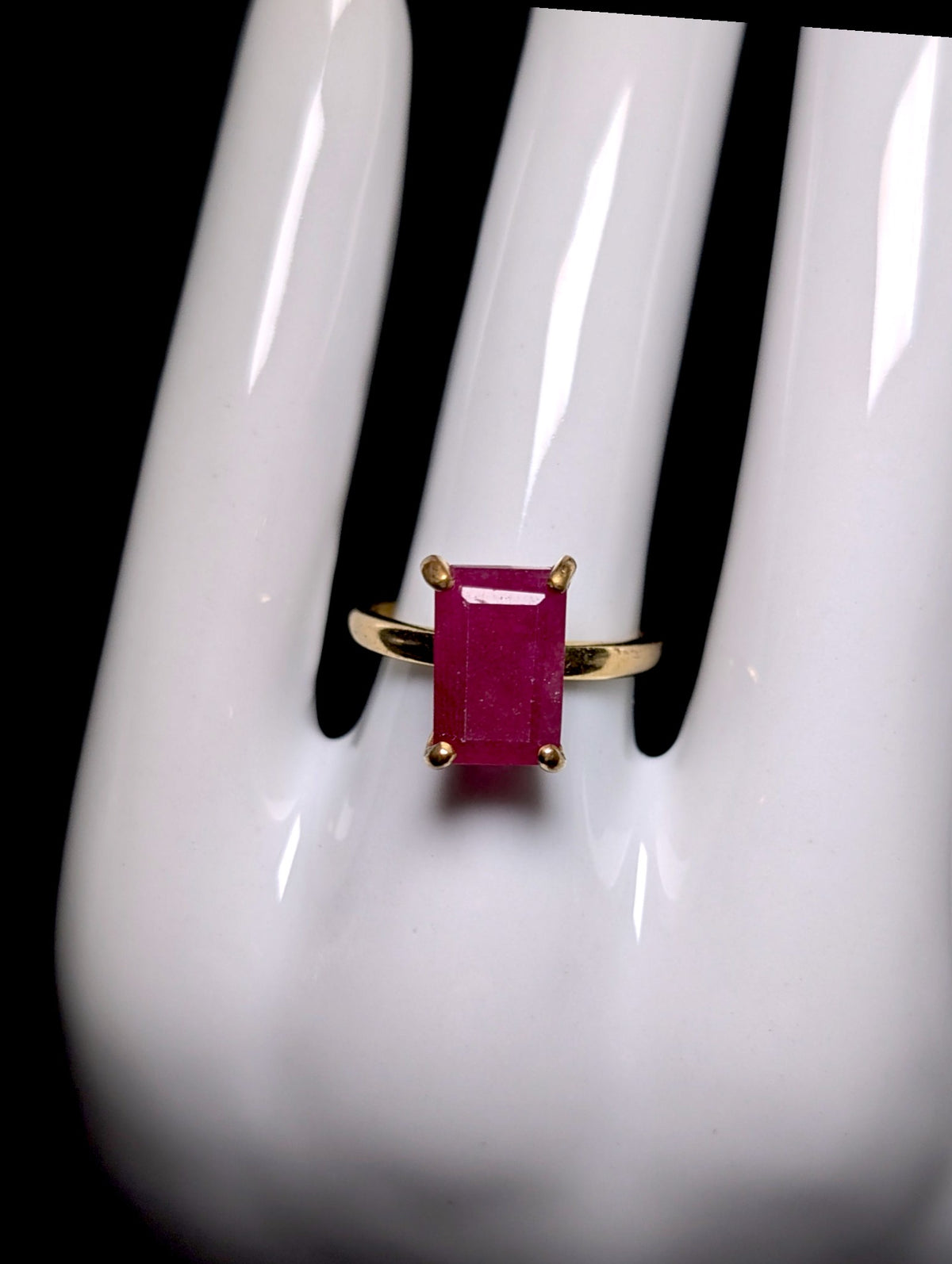 Vintage Emerald Cut Genuine Red Gemstone Solitaire Prong Set 10k Yellow Gold Ring