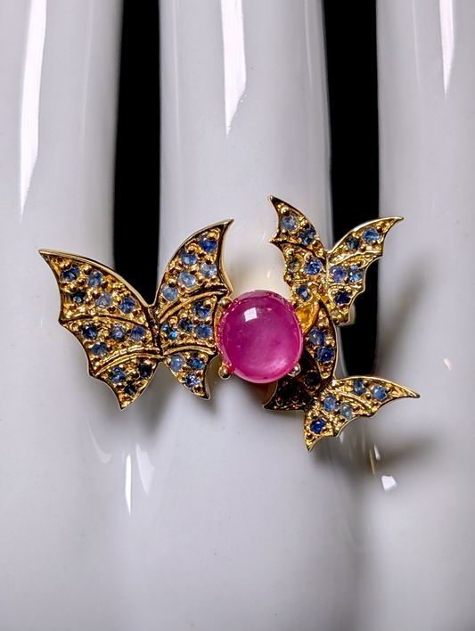 Vintage Inspired Butterflies with Verified Ruby and Blue Sapphire Gold over Sterling Silver Ring