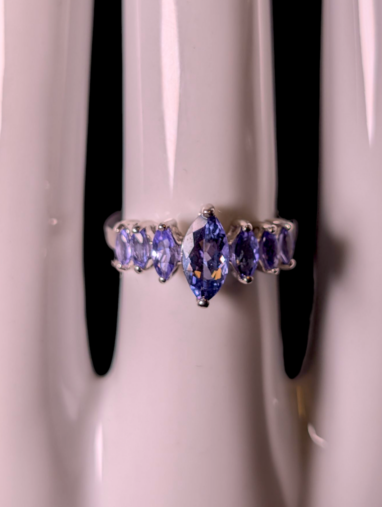 Vintage Marquise Cut Graduating Genuine Tanzanite Sterling Silver Band Ring