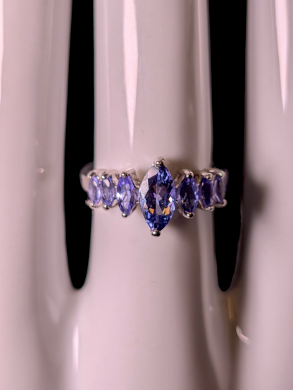 Vintage Marquise Cut Graduating Genuine Tanzanite Sterling Silver Band Ring