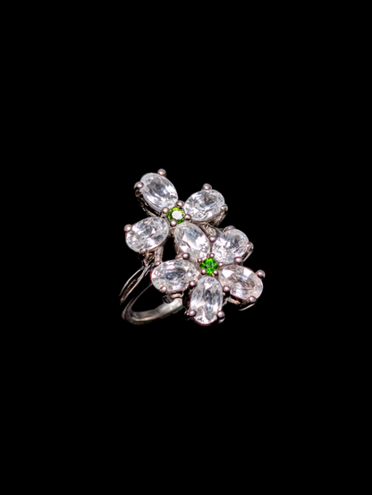 Vintage Twin Flower 3.8 Carat Genuine White Topaz and Peridot Sterling Silver Ring