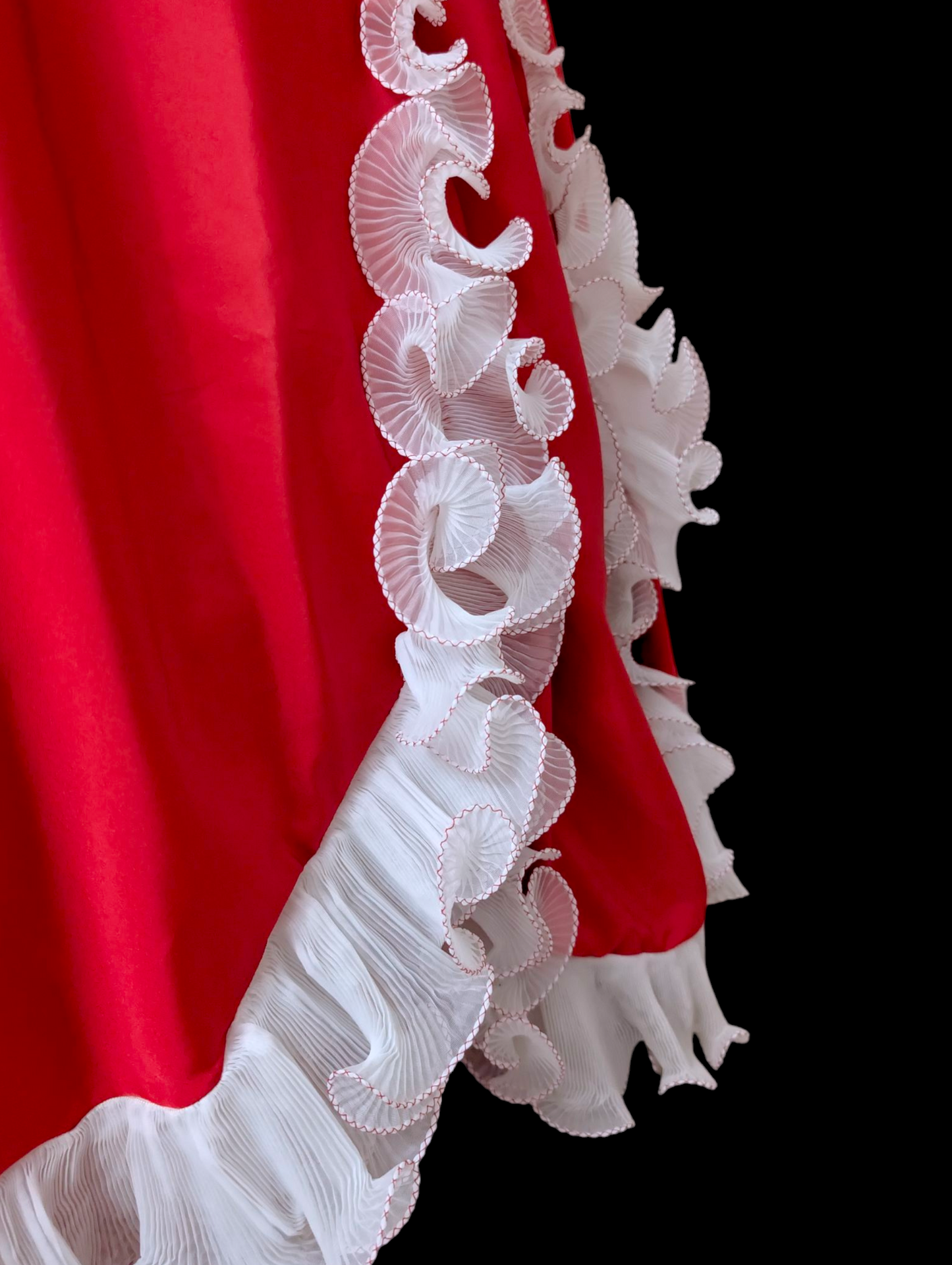 1960s-1970s Vintage Red Dress with White Ruffle Trim Details, One Sleeve, and Full Skirt Holiday Christmas Ball Gown