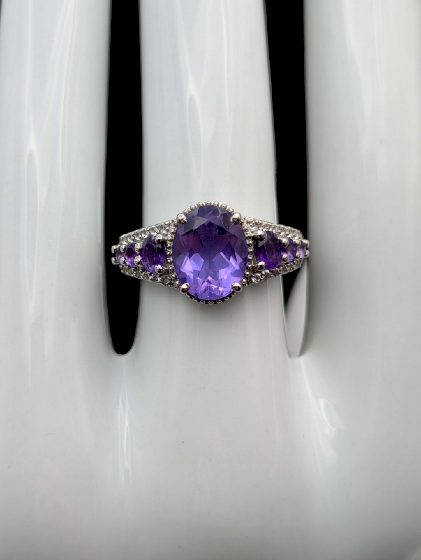 Vintage Graduating Genuine Grape Amethyst with White Zircon Halo Sterling Silver Statement Ring