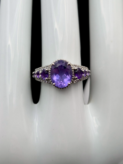 Vintage Graduating Genuine Grape Amethyst with White Zircon Halo Sterling Silver Statement Ring