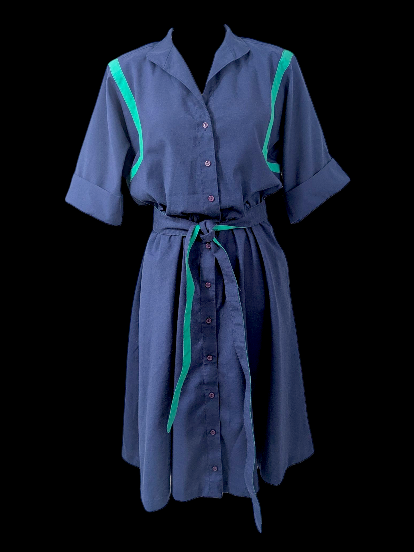 1980s Vintage Willi of California Navy and Teal Blue Elastic Waist House Dress