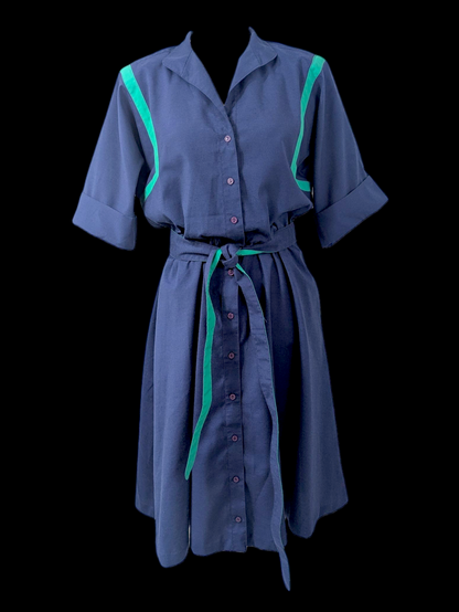 1980s Vintage Willi of California Navy and Teal Blue Elastic Waist House Dress