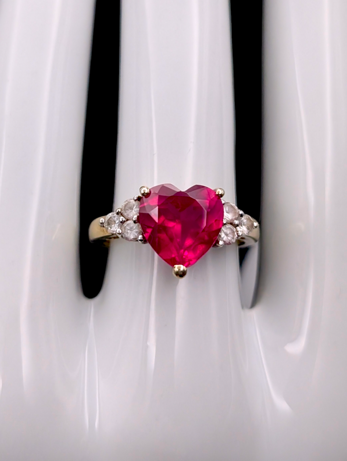 Vintage Genuine Red Ruby Heart with White Sapphire 14k Yellow Gold Vermeil Ring