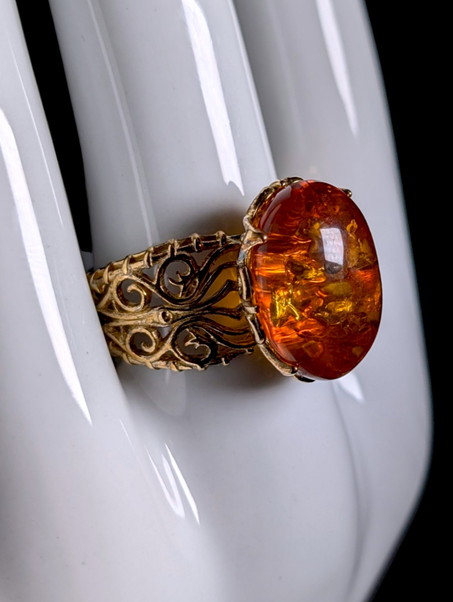 Vintage Genuine Amber Solitaire Gold over Sterling Filigree Ring