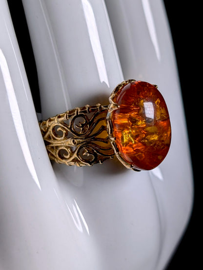 Vintage Genuine Amber Solitaire Gold over Sterling Filigree Ring