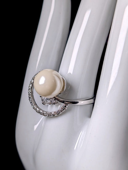 Vintage Simulated Pearl Solitaire and Simulated Diamond Accents Sterling Silver Ring