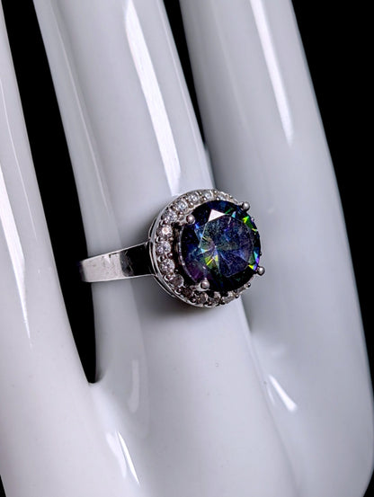 Vintage Simulated Mystic Topaz Solitaire and Diamond Halo Sterling Silver Ring
