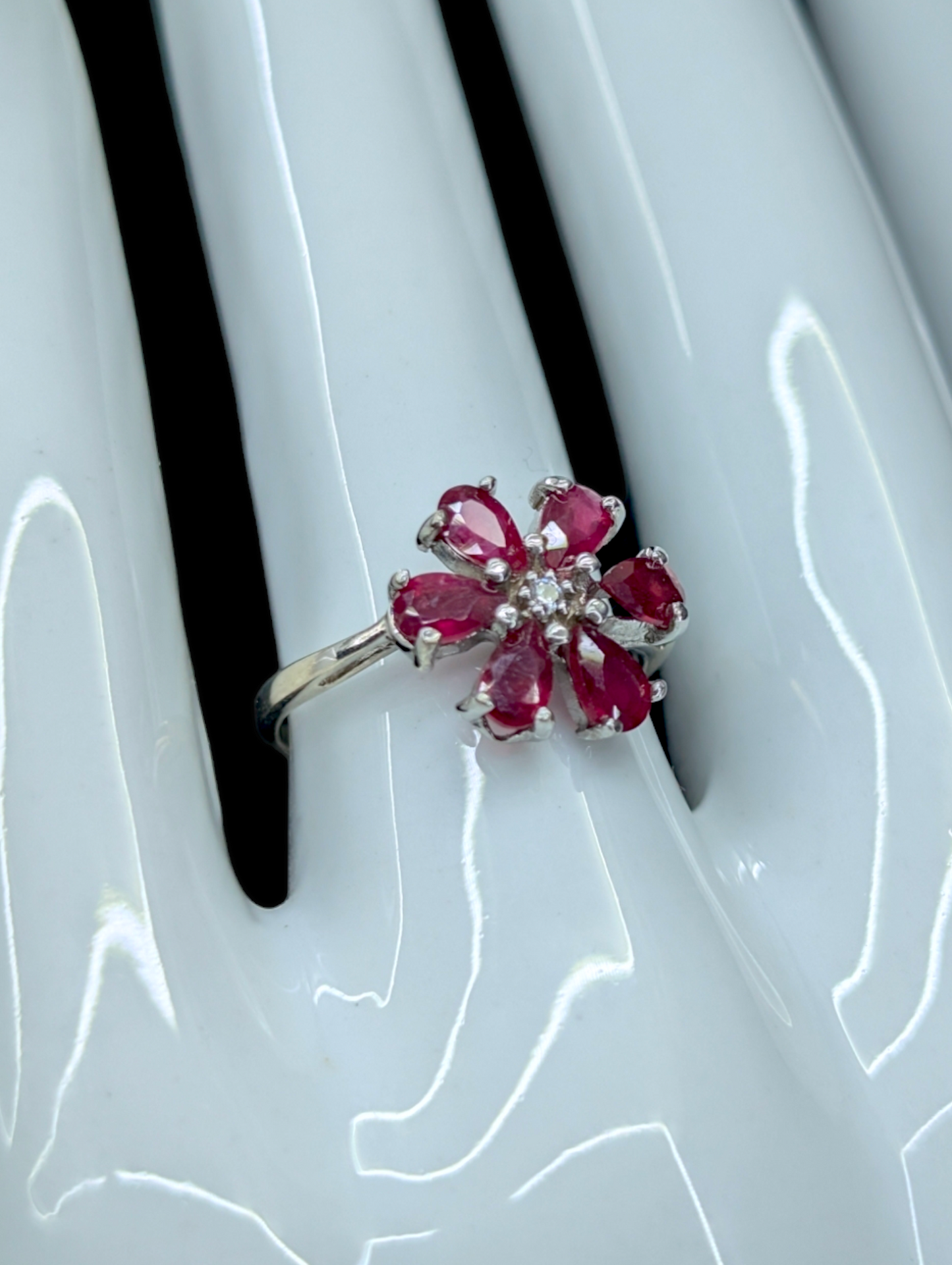 Vintage Flower Genuine Ruby and Genuine White Topaz Rhodium Over Sterling Silver Ring